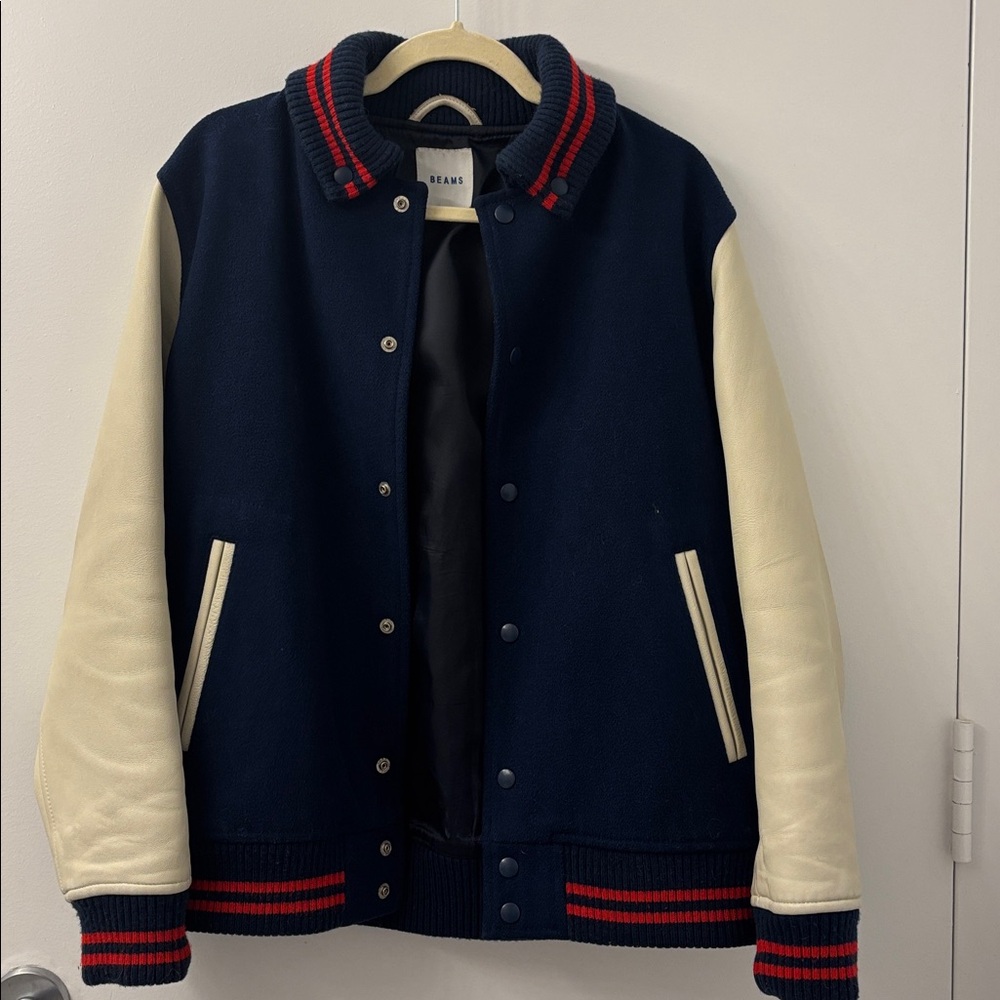 Men BEAMS Navy and Cream Leather Stadium Jacket Japan